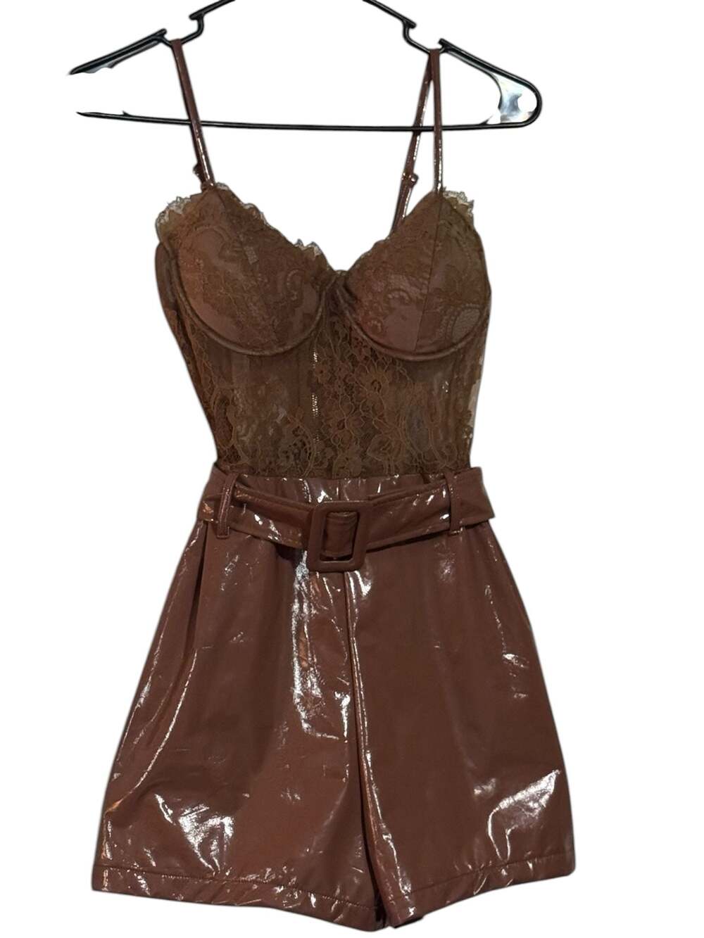 SHOP17 Brown Lace Corset Vinyl Romper with Belt Size S